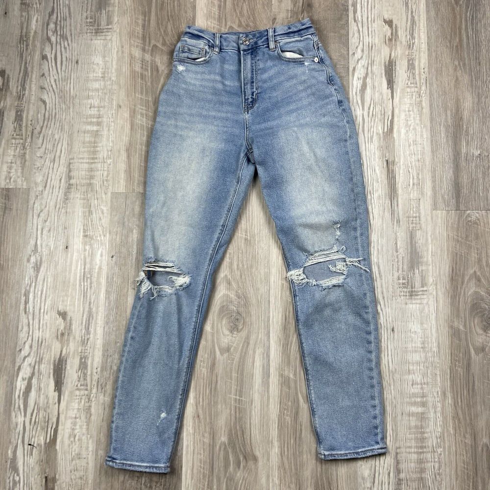 American Eagle Curvy Mom‎ Jeans Size 0 Long Stretch Light Wash Blue Pockets